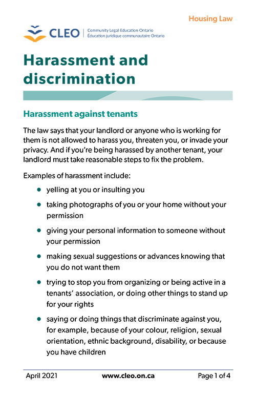 Harassment against tenants CLEO Legal Education Ontario