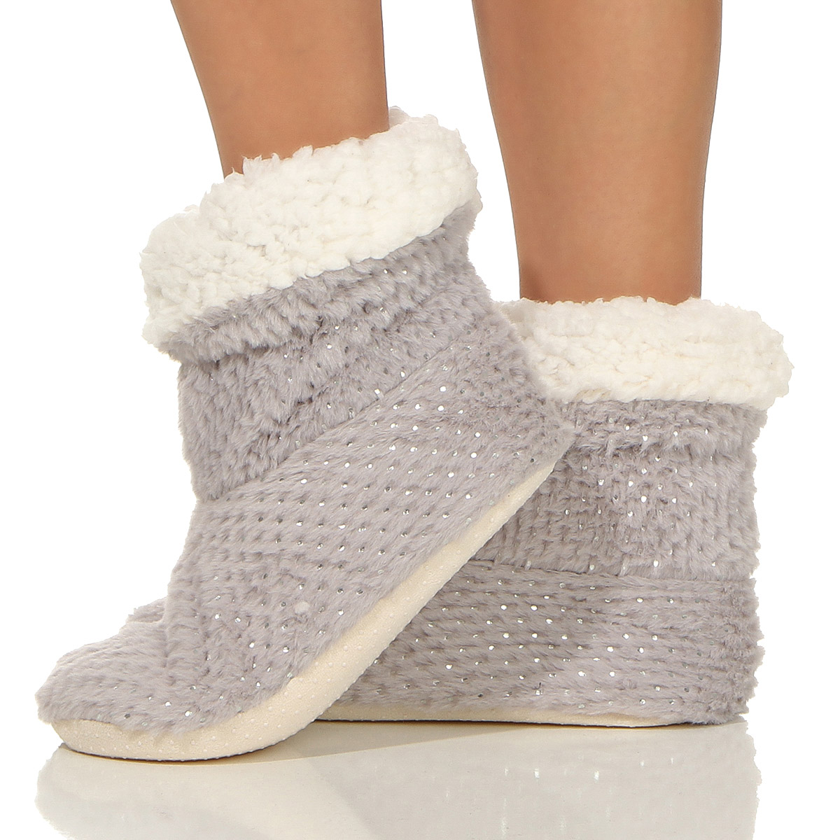 Damen Kuschelsocken Hausschuhe Hüttensocken Teddyfell ABS Sohle Sterne