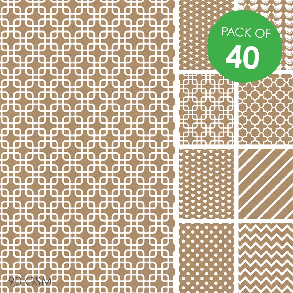 Brown Printed Craft Paper Pack of 40 Specialty Papers CleverPatch Art & Craft Supplies