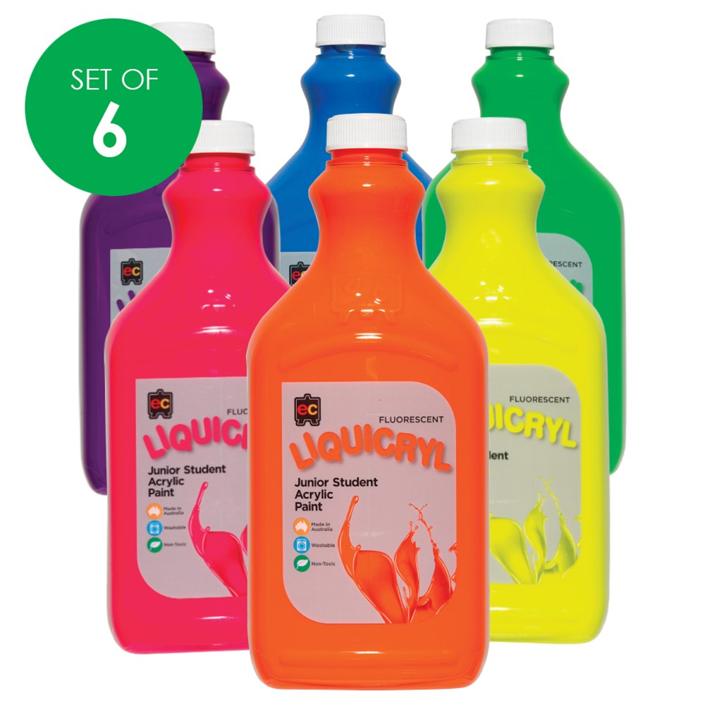 EC Liquicryl Fluorescent Acrylic Paint 2 Litres Set of 6 Colours w