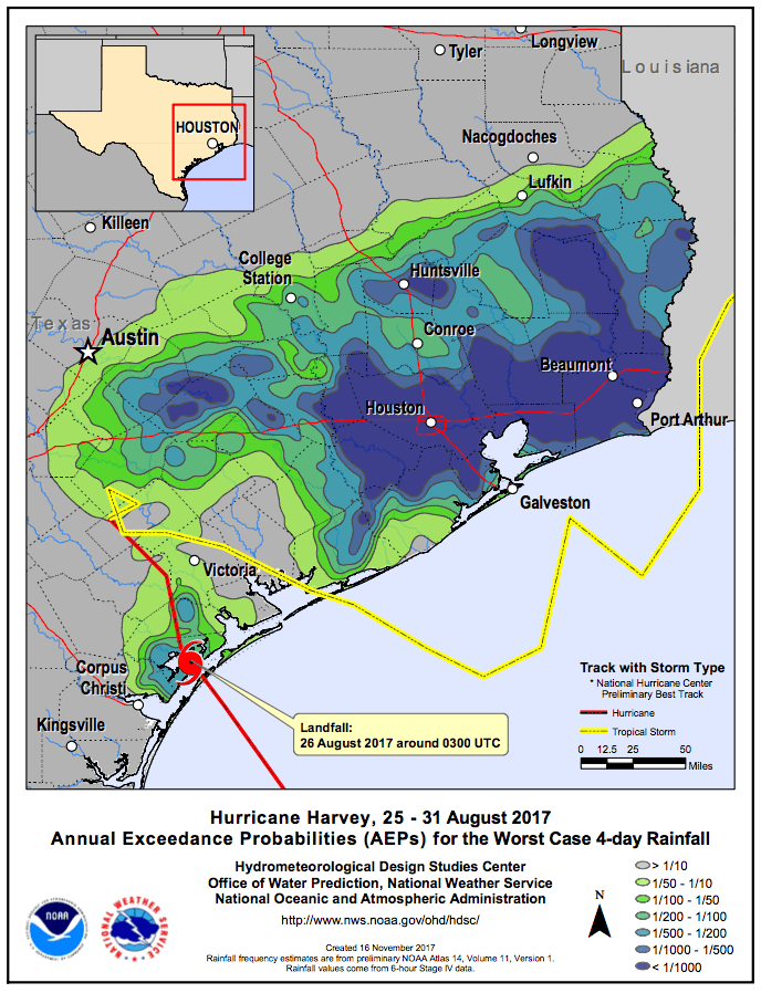 Map Hurricane Harvey worst case, 4day rainfall annual exceedance