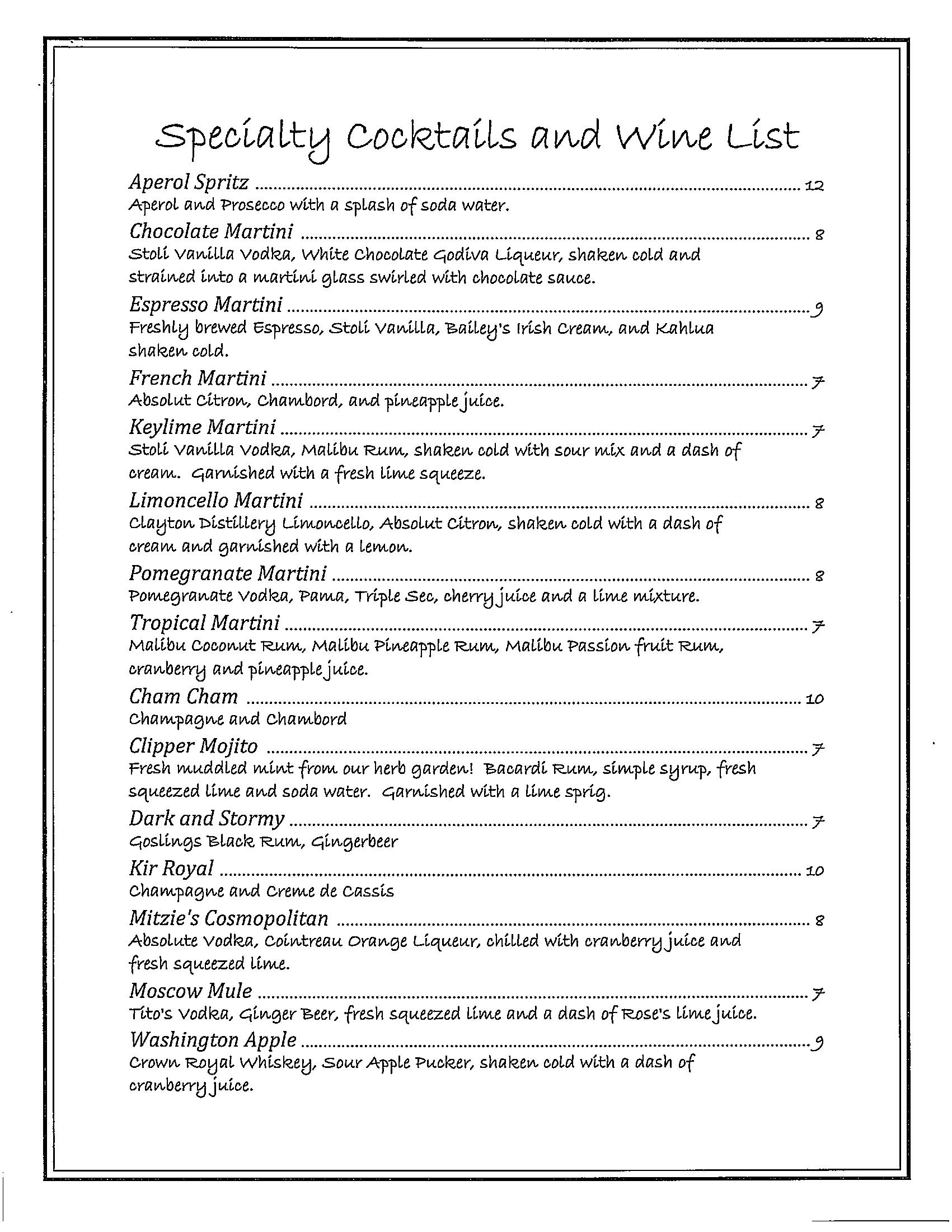 Wine List and Specialty Cocktails