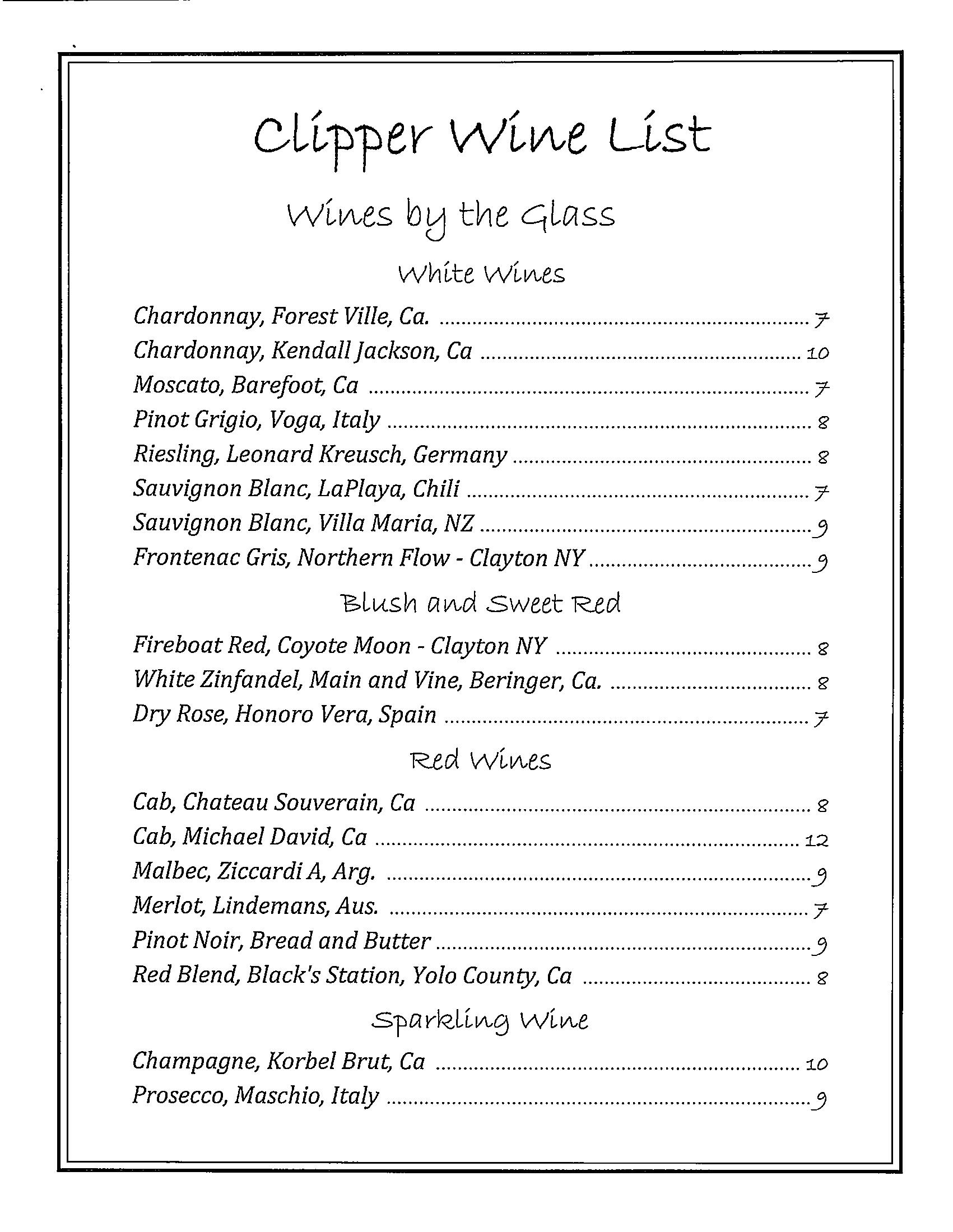 Wine List and Specialty Cocktails