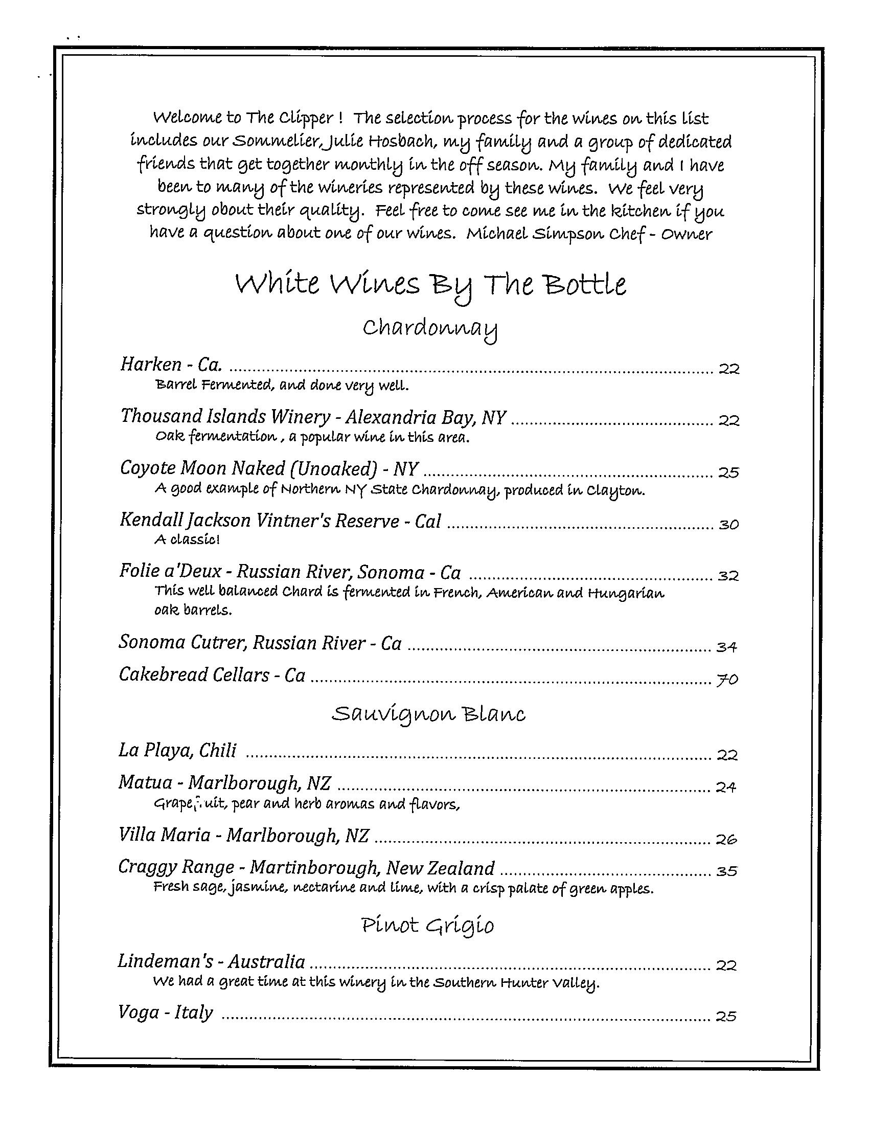 Wine List and Specialty Cocktails