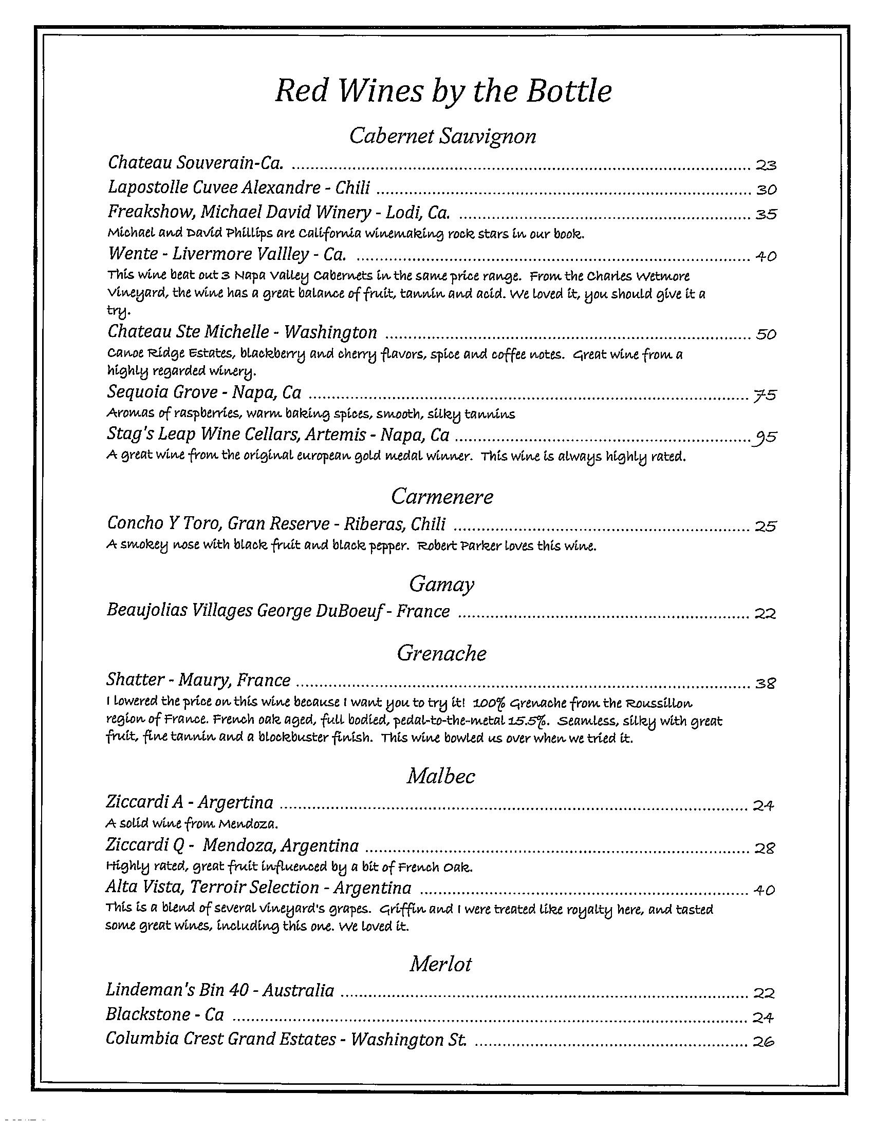 Wine List and Specialty Cocktails