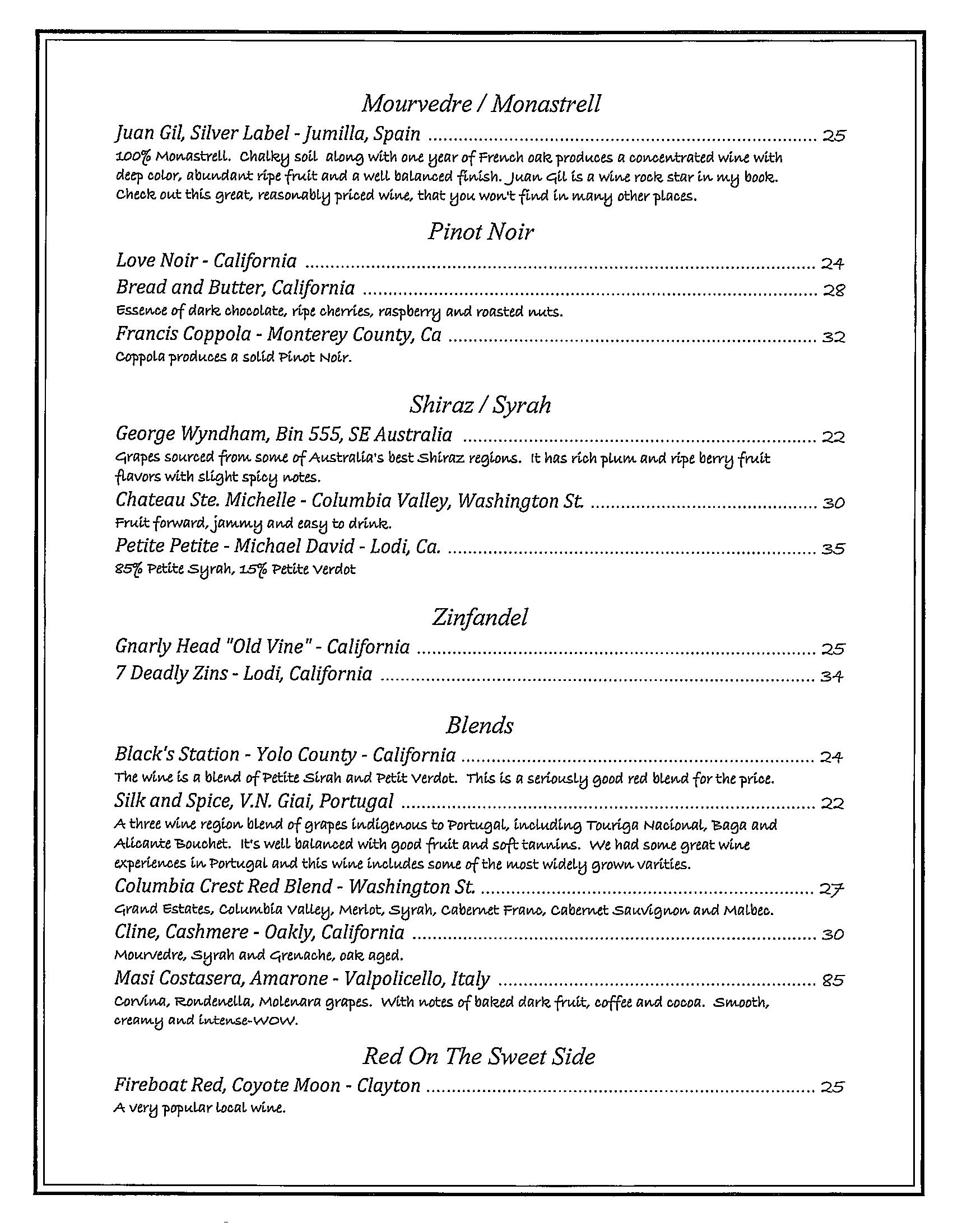 Wine List and Specialty Cocktails