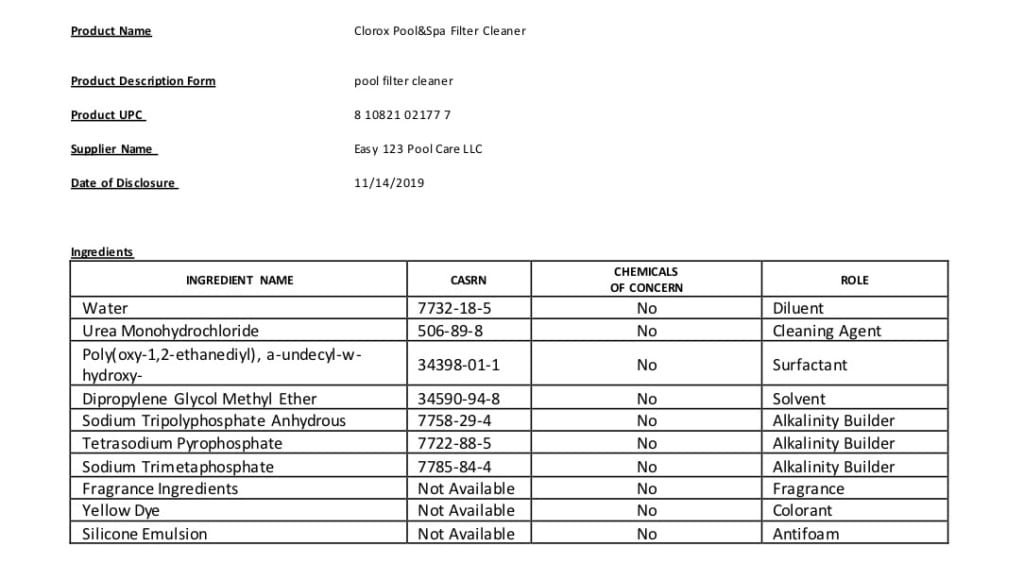 Ingredients Disclosure Clorox® Pool&Spa™