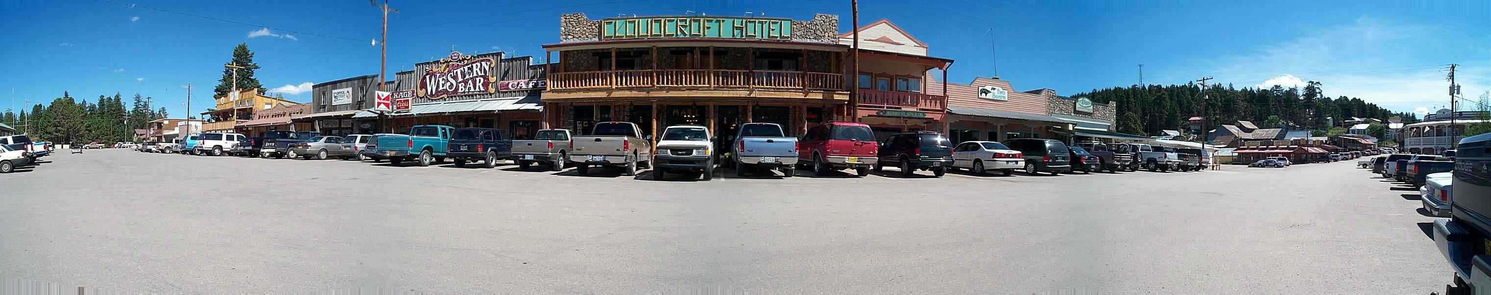 Panoramic View of Burro Street, hotels, apartments in town Cloudcroft, New Mexico