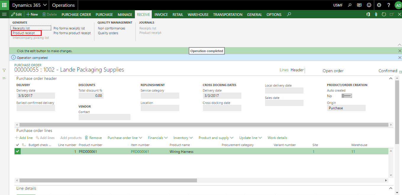10) Once Product receipt has been posted then Purchase order status