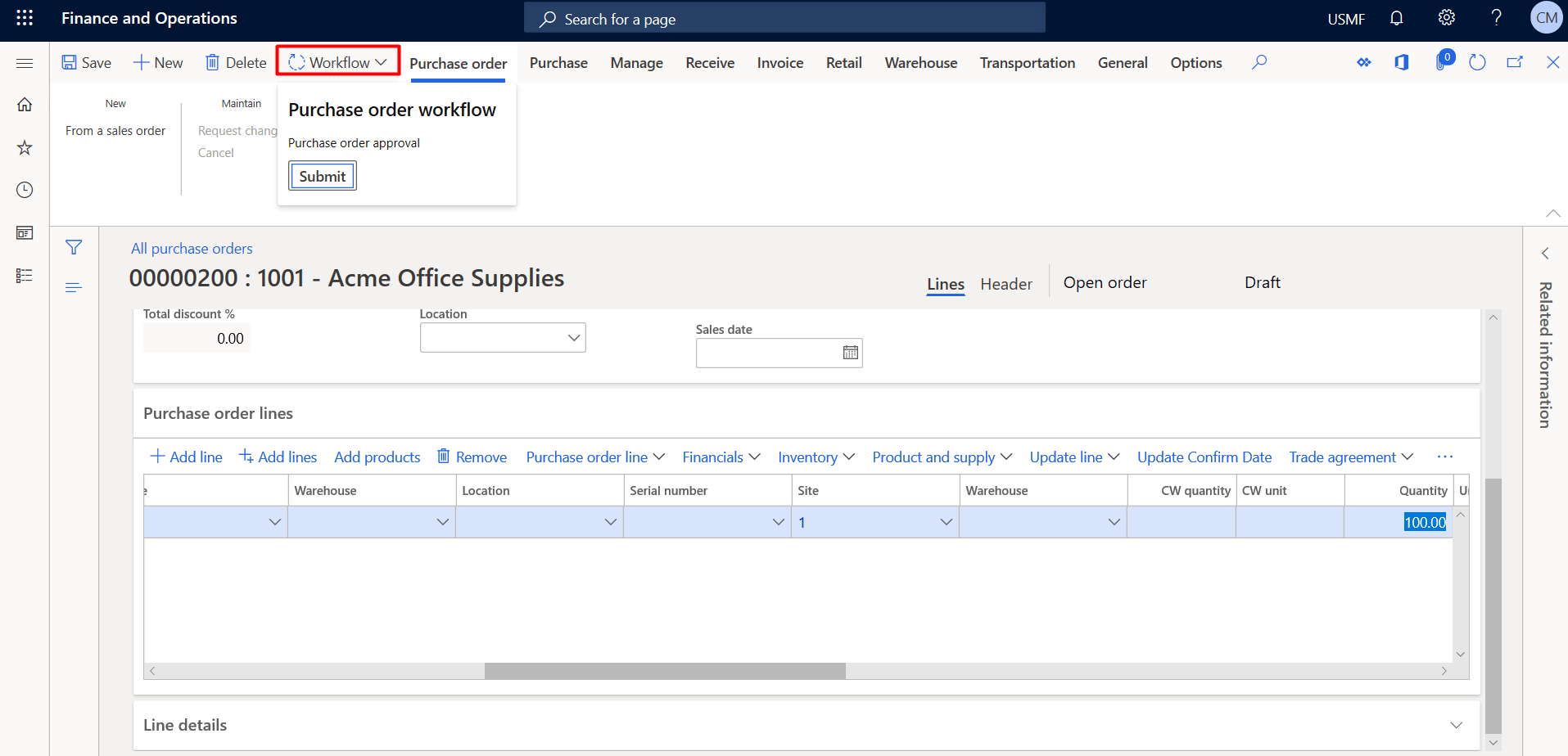 Now create new purchase order and after that click on workflow button