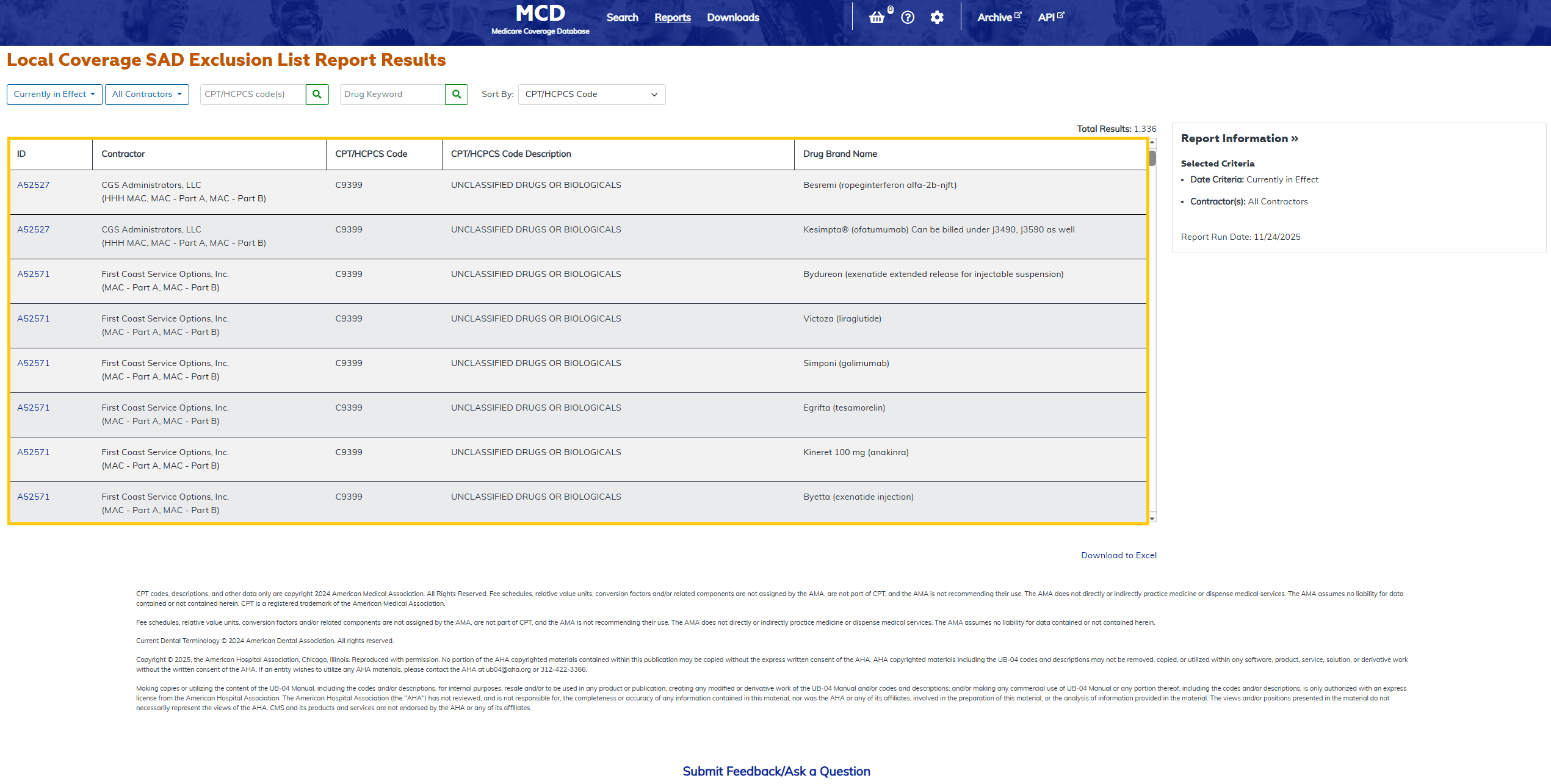 Local Coverage SAD Exclusion List Report Results