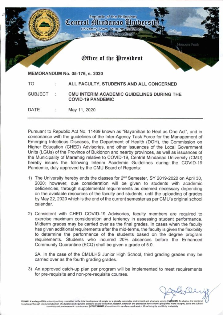 ANNOUNCEMENT CMU INTERIM ACADEMIC GUIDELINES DURING COVID
