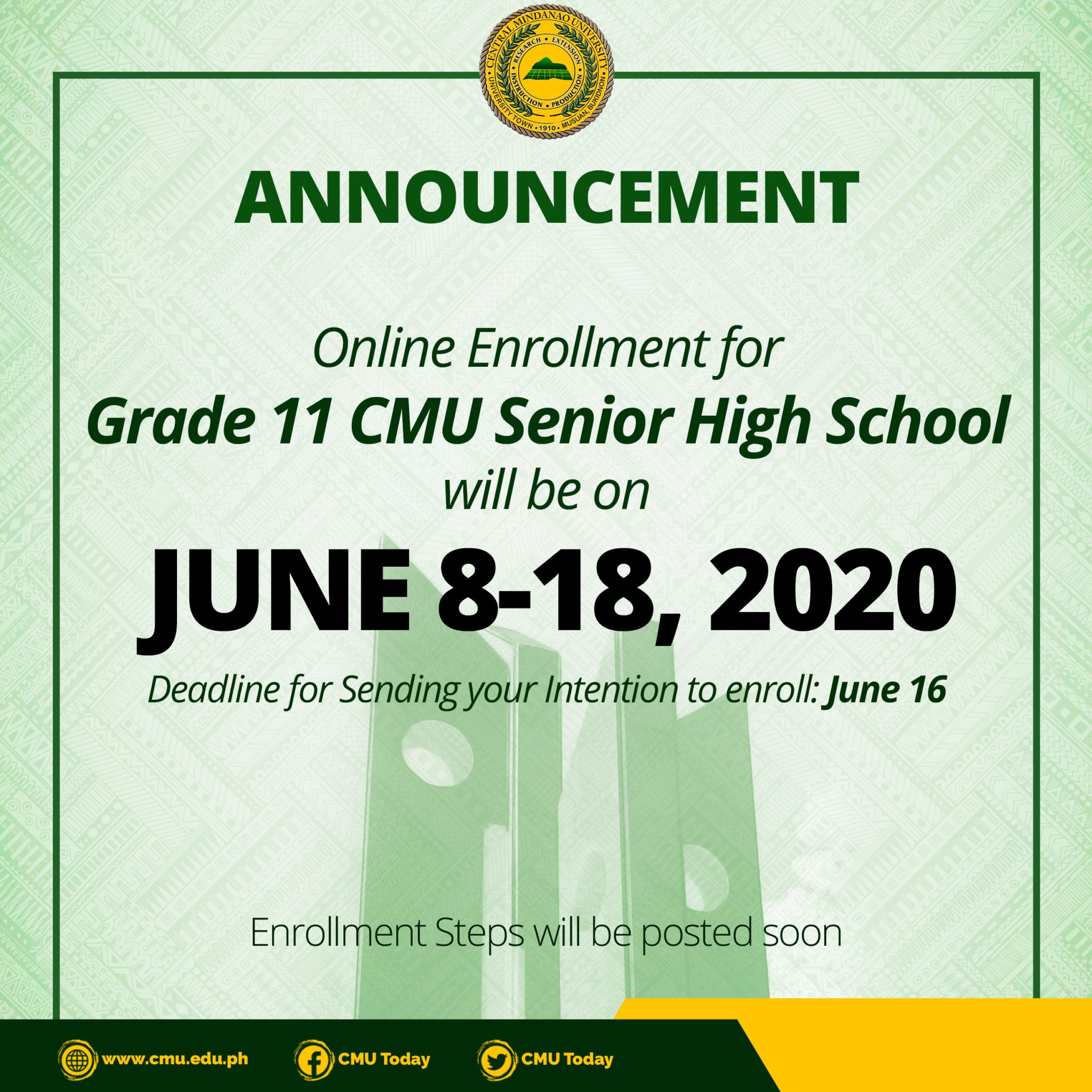 ANNOUNCEMENT Online Enrollment for Grade 11 CMU Senior High School