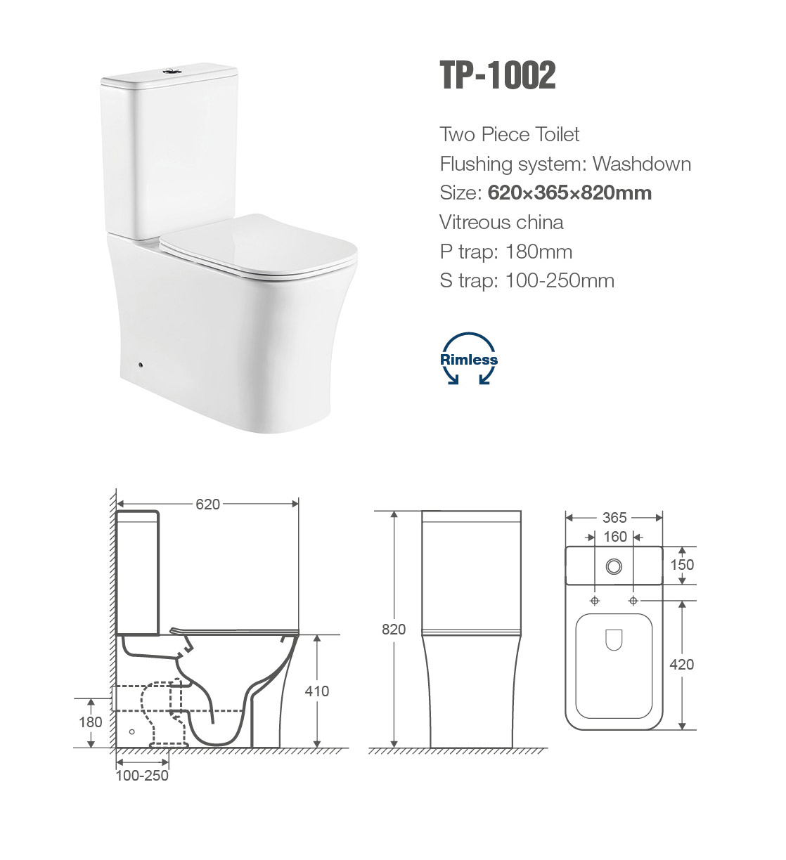 China Sanitary ware bathroom P trap S trap washdown rimless two piece