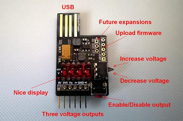 USBminiPower USB Power Supply Delivers 3 Outputs: 5V, 3.3V, and a
