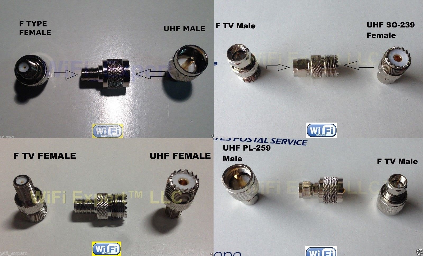 4pc SET UHF to F TV Male Female Jack Plug RF coaxial Adapters RF Connector RF Coaxial Cables