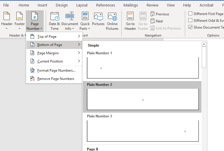 How to add Page X of Y in Footer using Word Office 365