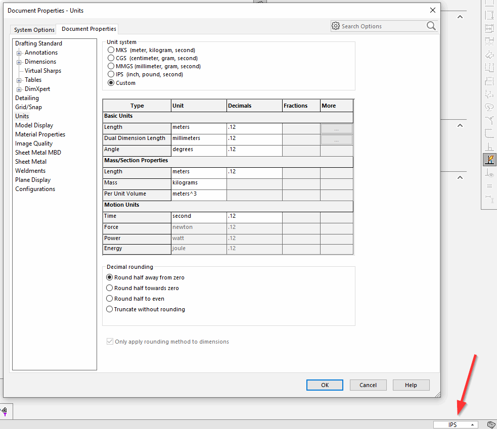 Macro to set SOLIDWORKS document units (length, angle, mass, volume, time)