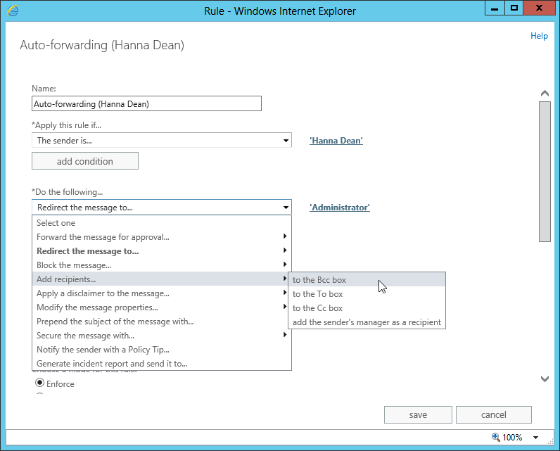 Email forwarding on Exchange Server 2013