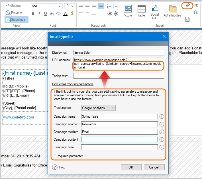 HTML snippet and email tracking parameters in Office 365 signatures