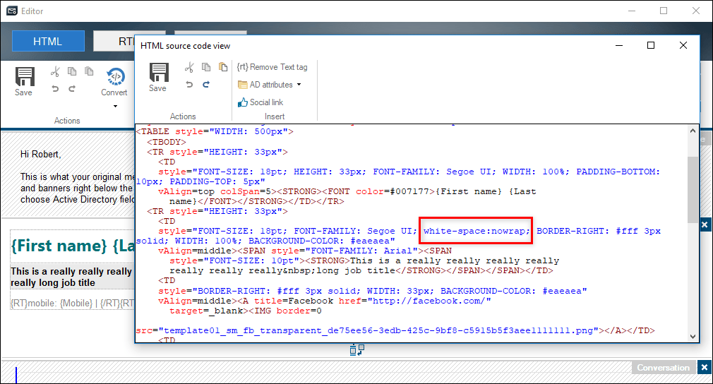 How to avoid wrapping of text in email signatures