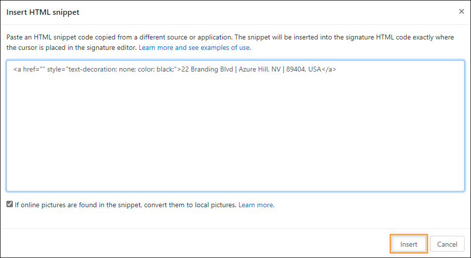 How to avoid converting physical address in a signature to a link