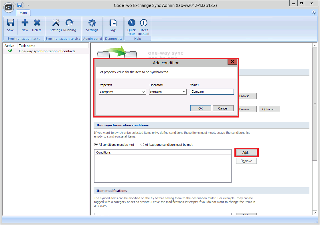 Creating synchronization tasks Oneway synchronization Conditions
