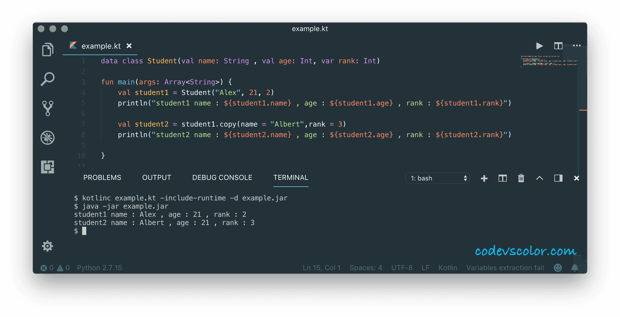 Data class in Kotlin Explanation with example CodeVsColor