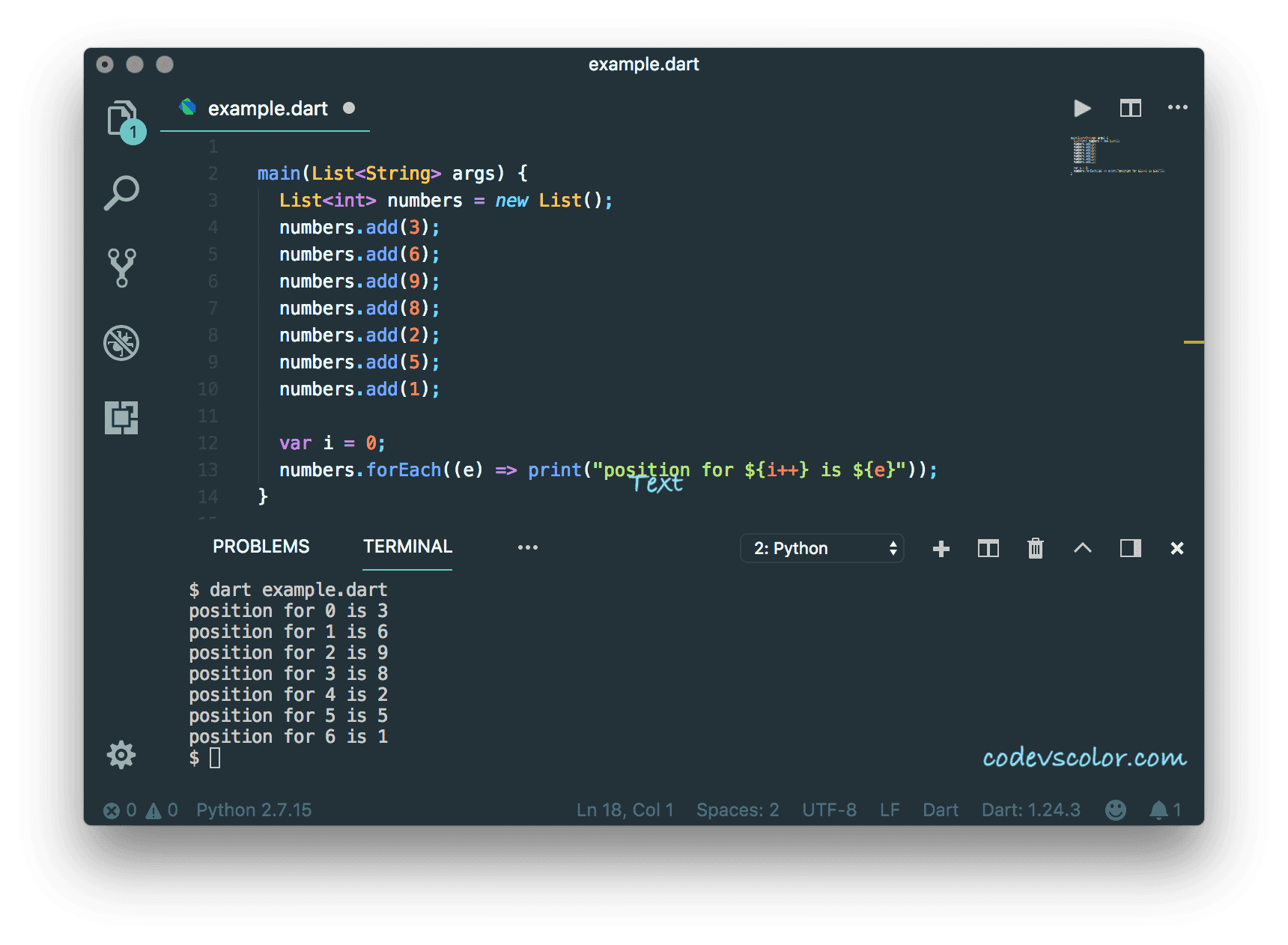 Dart example program to iterate through a list CodeVsColor
