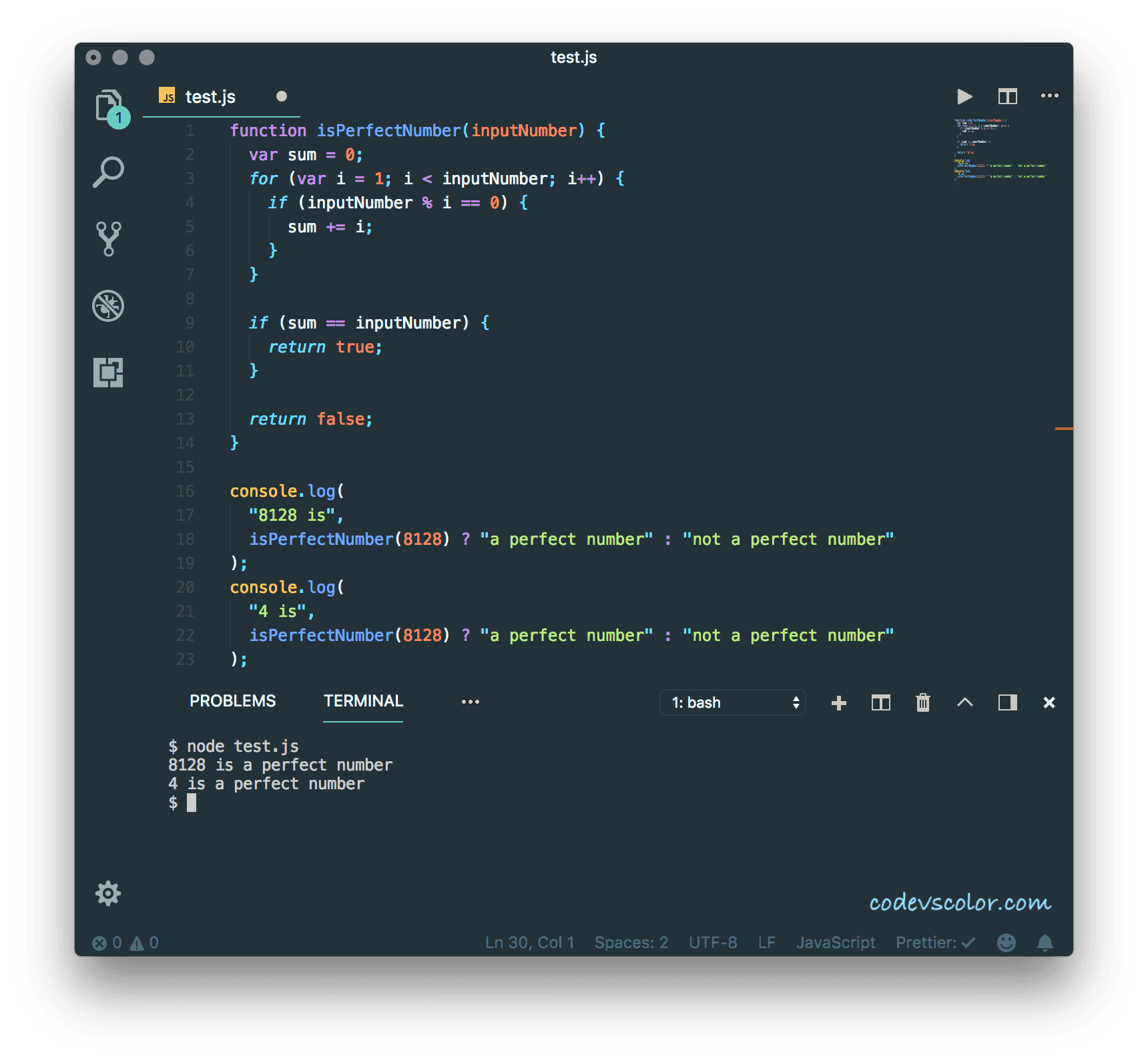 How to check if a number is perfect or not in Javascript CodeVsColor
