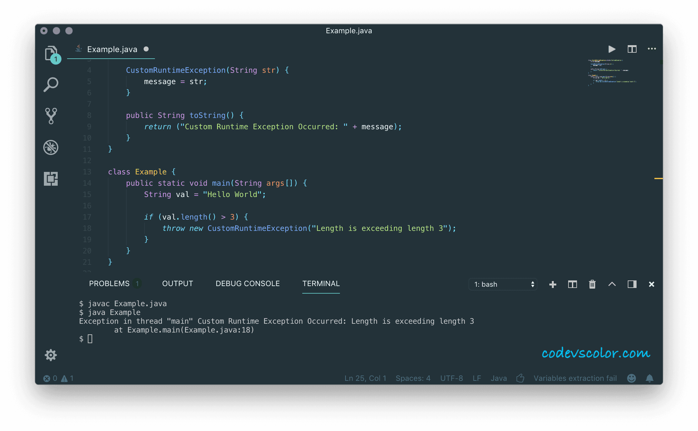 Java user defined or custom exception example CodeVsColor