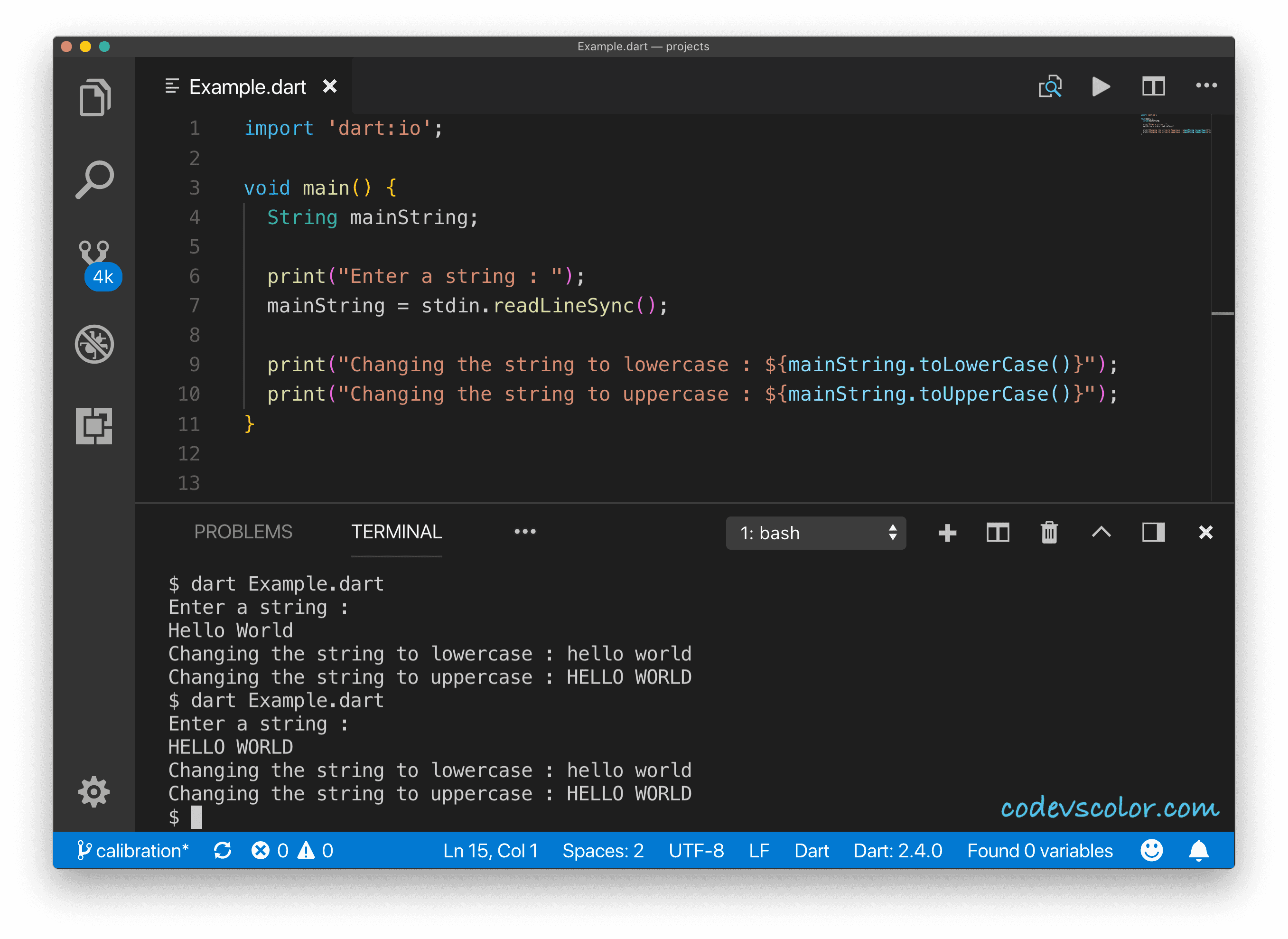 Convert all characters in a string to uppercase and lowercase in dart CodeVsColor