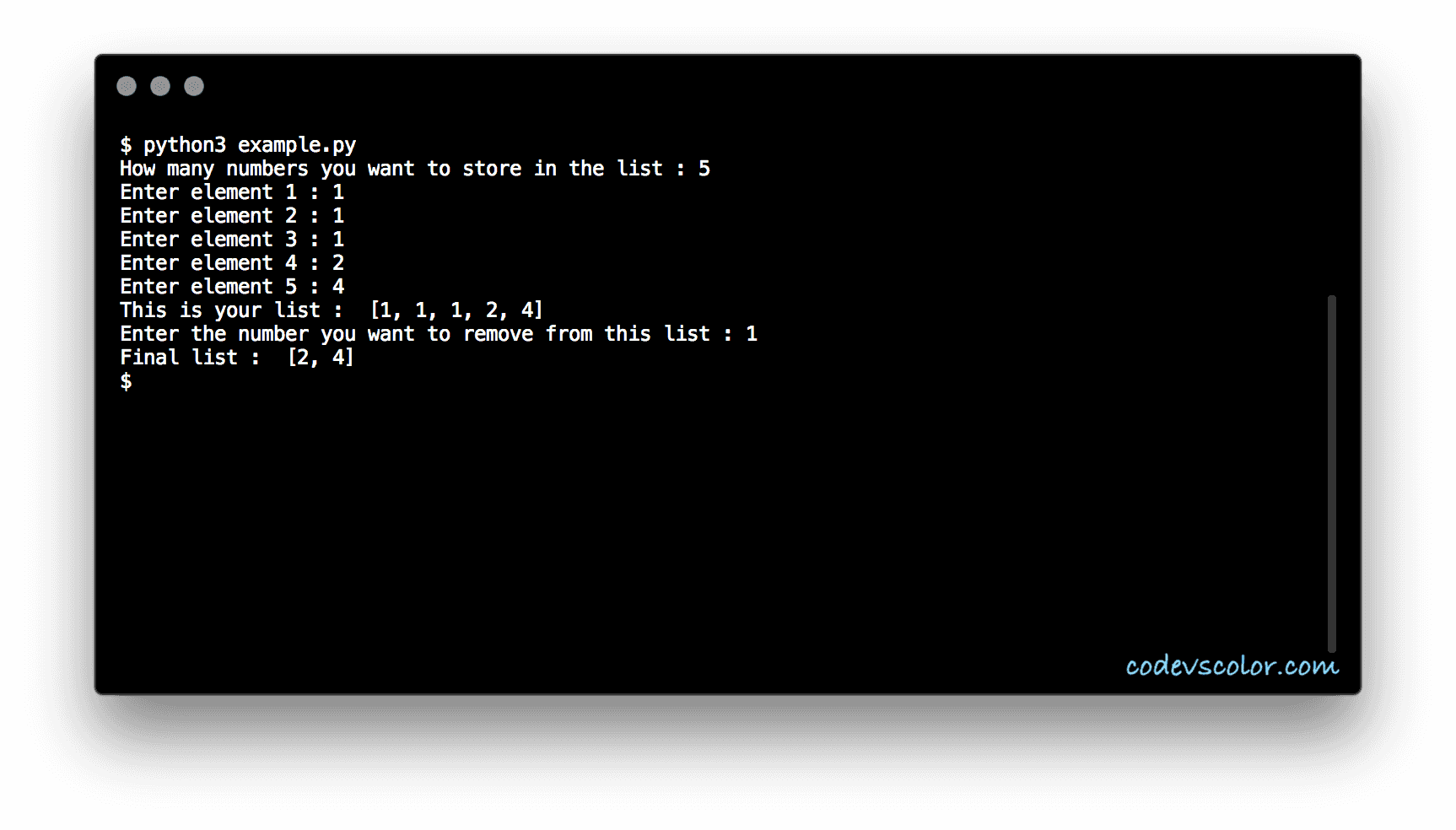 Python program to remove all occurrence of a value from a list