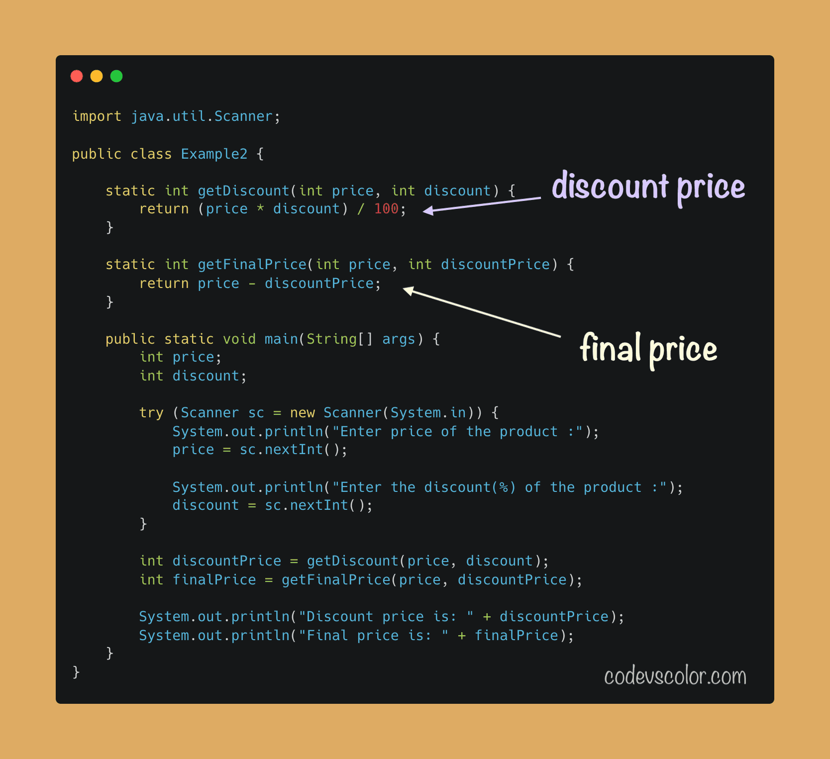 Write a Java program to calculate Discount Price CodeVsColor