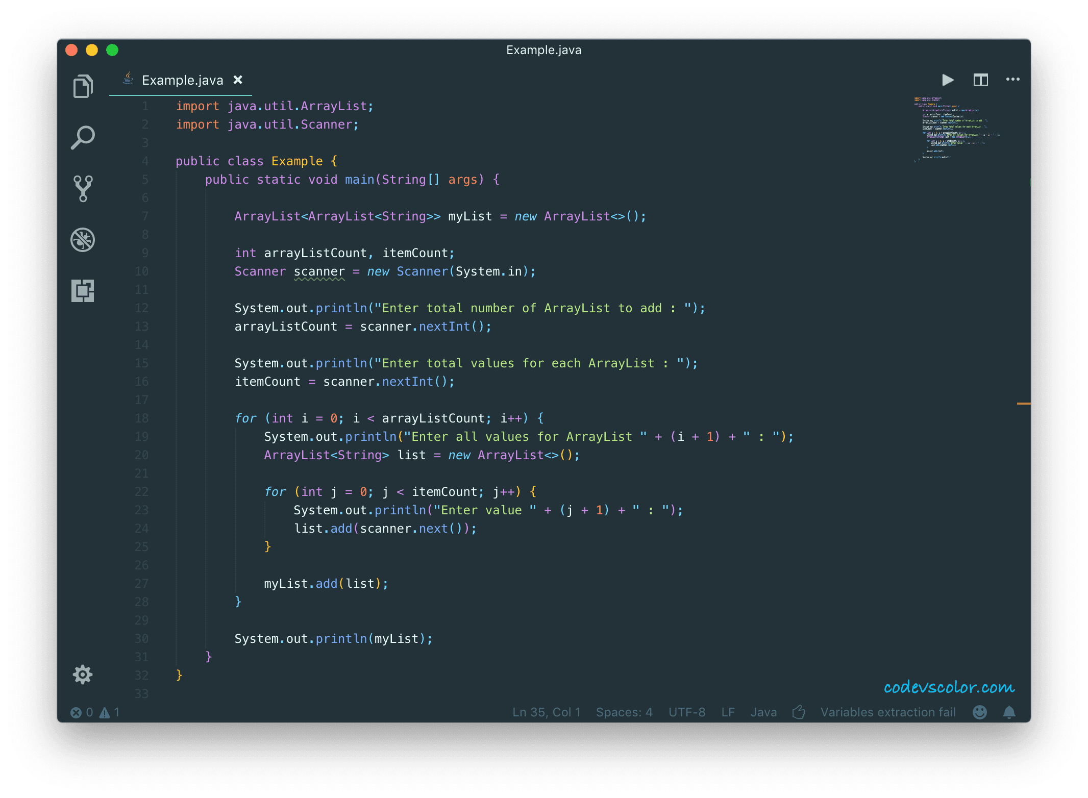 Java example program to create one ArrayList of ArrayList CodeVsColor