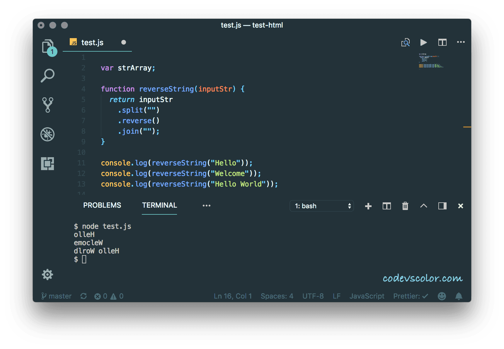 How to reverse a string in Javascript in one line CodeVsColor