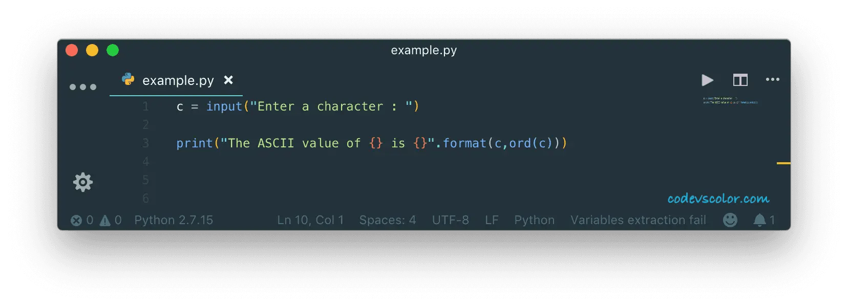Python program to convert character to its ASCII value CodeVsColor