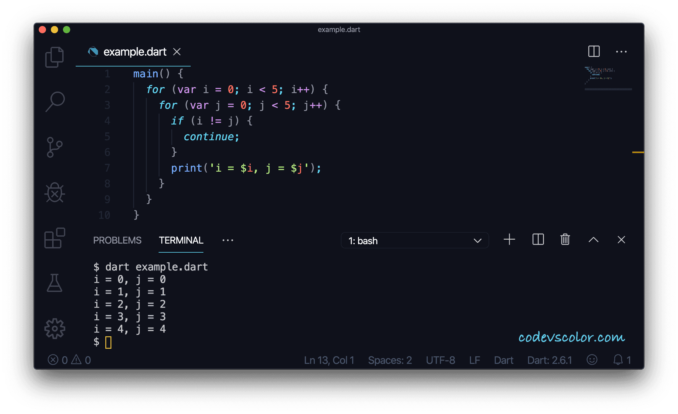 Dart continue statement explanation with example CodeVsColor