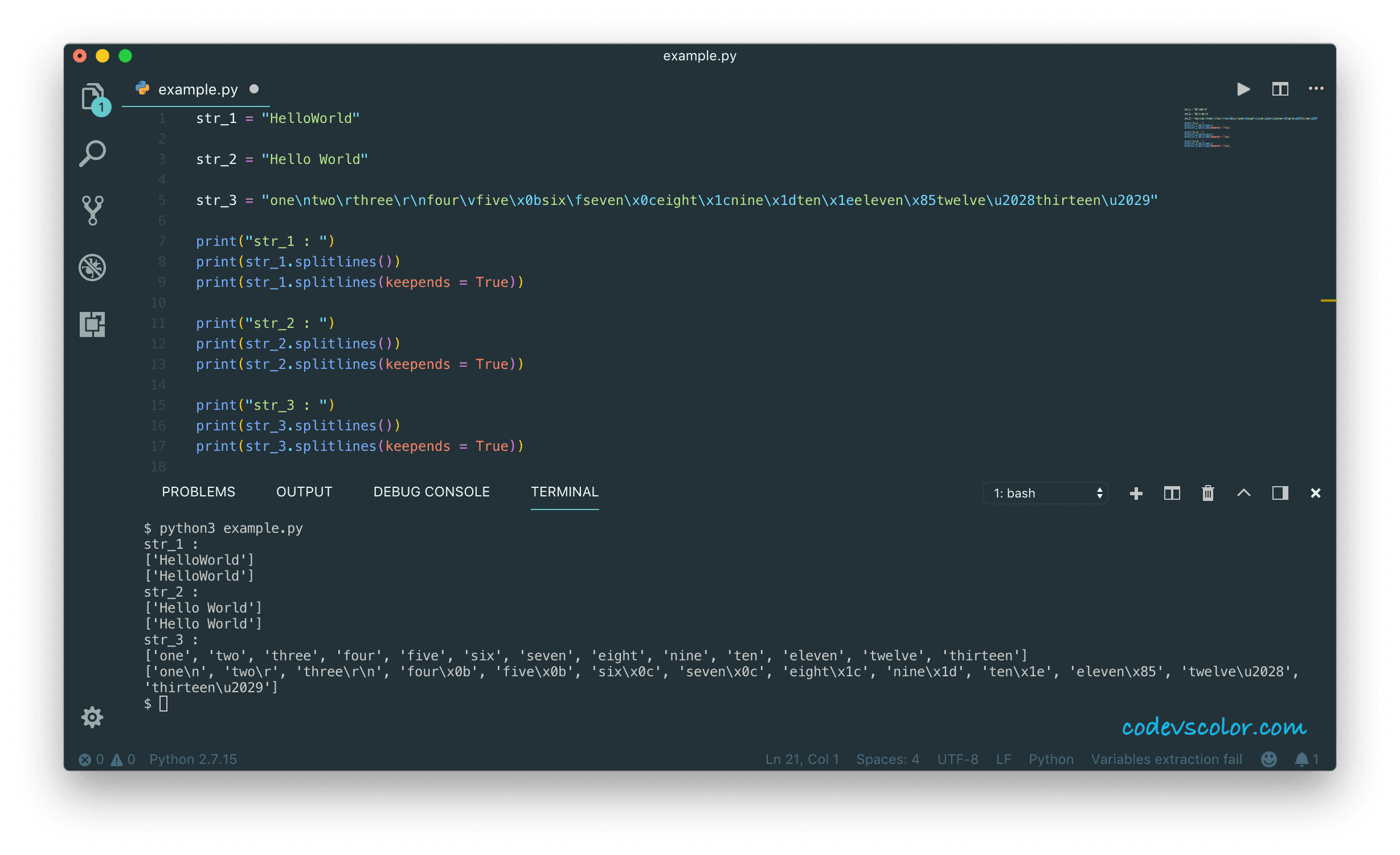 Python example program to split a string at linebreak using splitlines