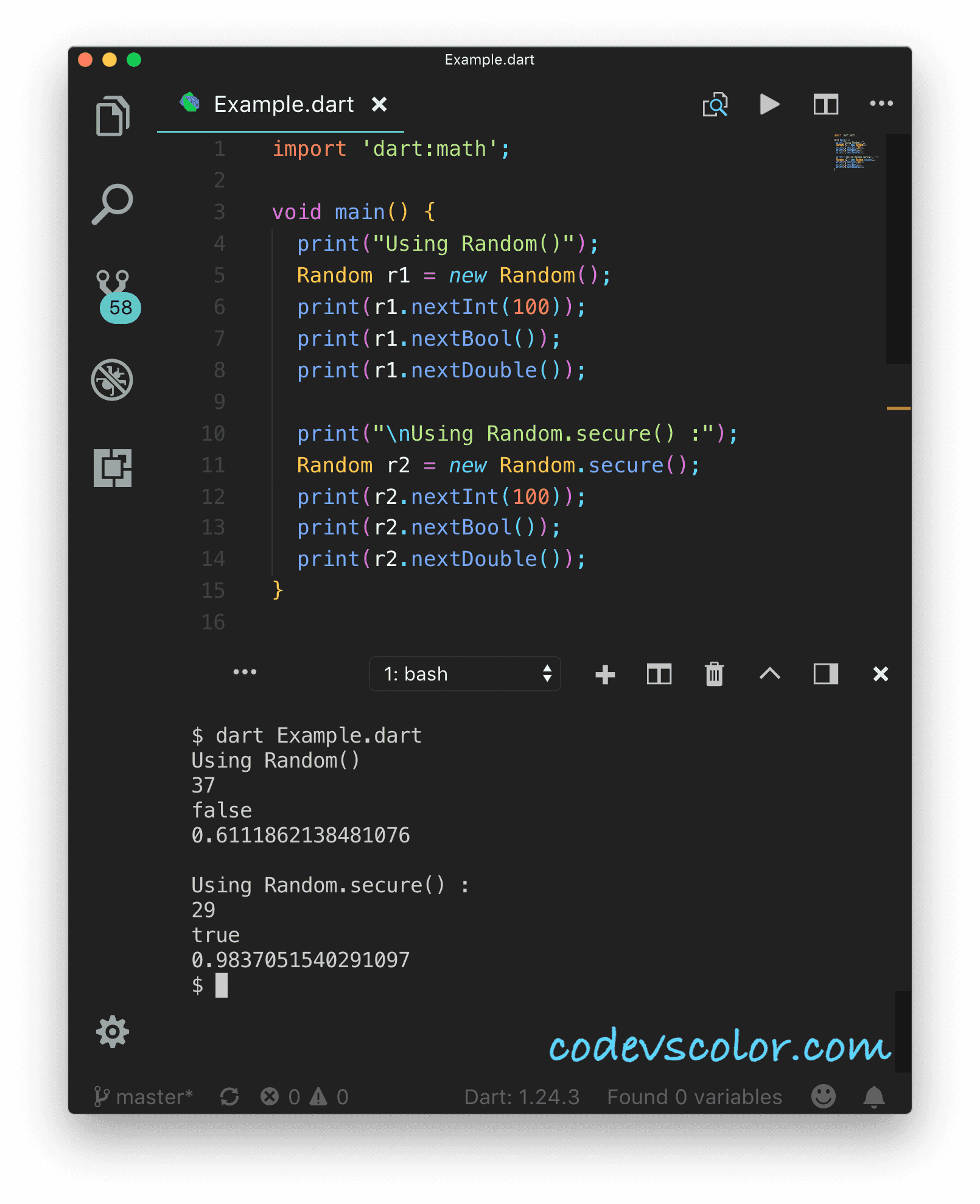 Create a random integer, double or a boolean in dart using Random class