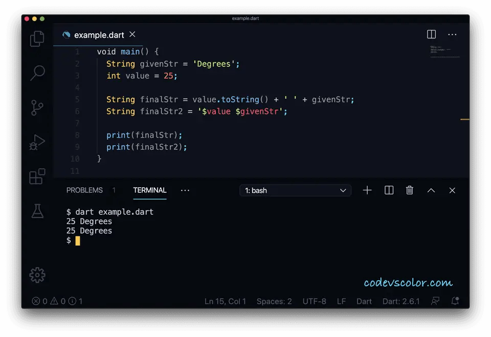 Dart program to concat string with integer CodeVsColor
