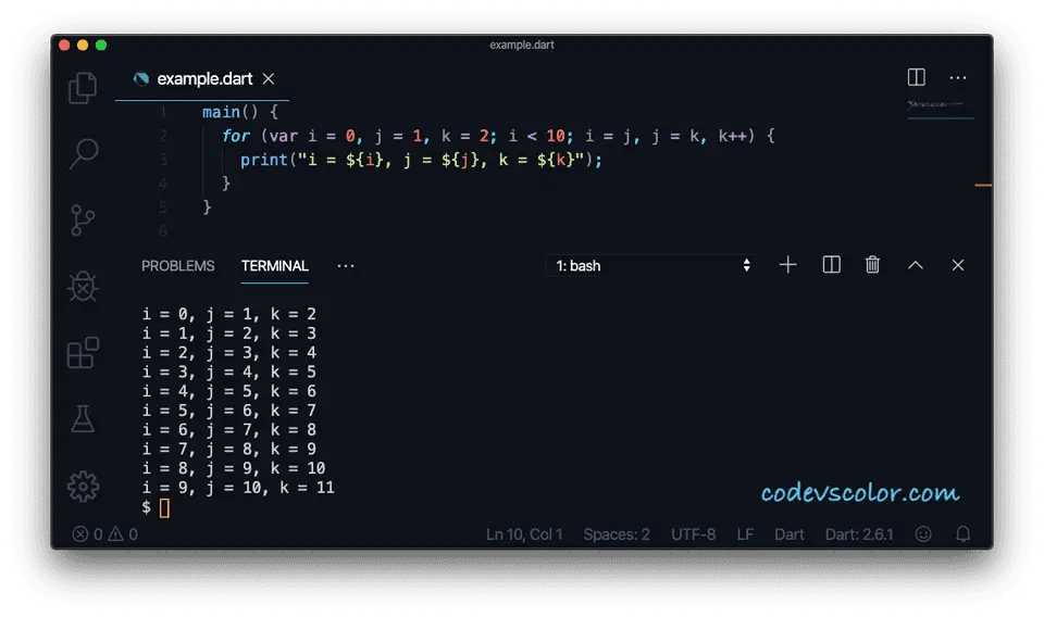 Dart for loop with example CodeVsColor