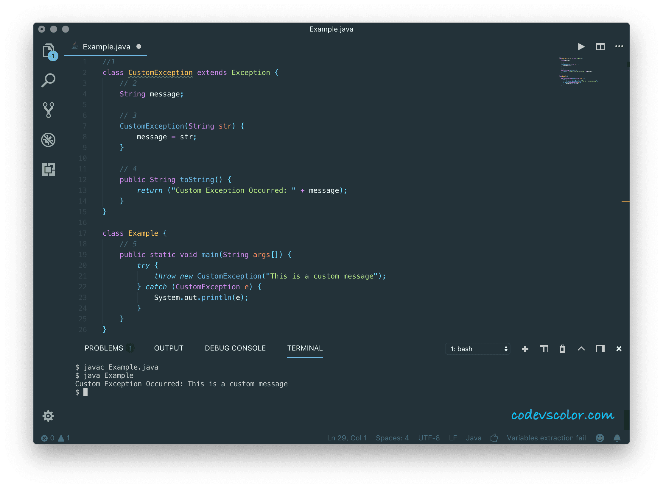 Java user defined or custom exception example CodeVsColor