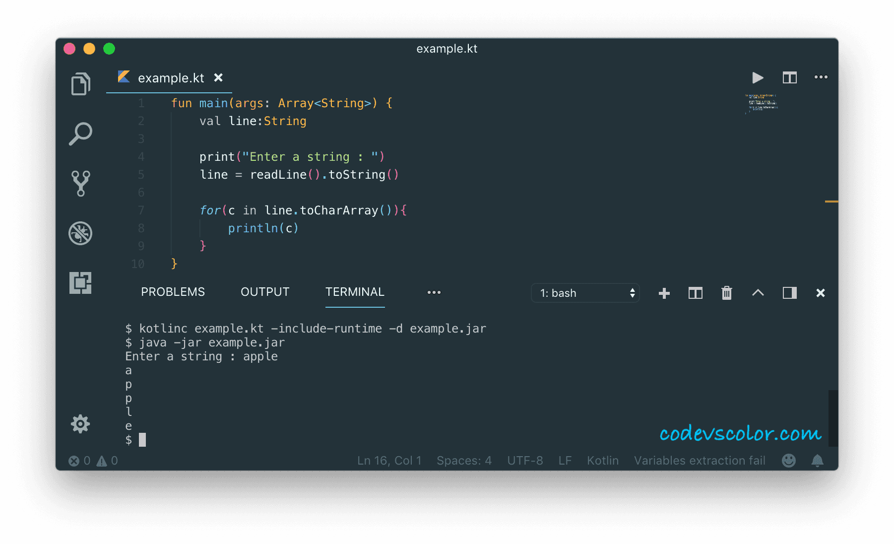 Kotlin program to print each character of a string (4 different ways) CodeVsColor