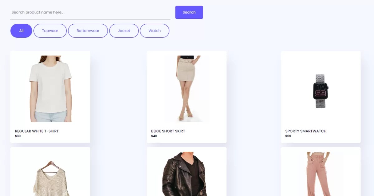 Product Filter and Search using HTML, CSS & JavaScript
