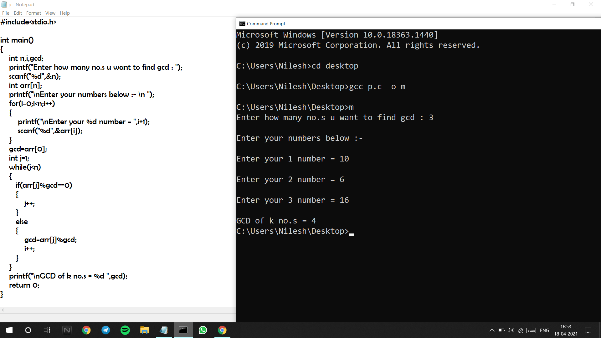 Write a C program to find GCD(HCF) of N numbers using Arrays