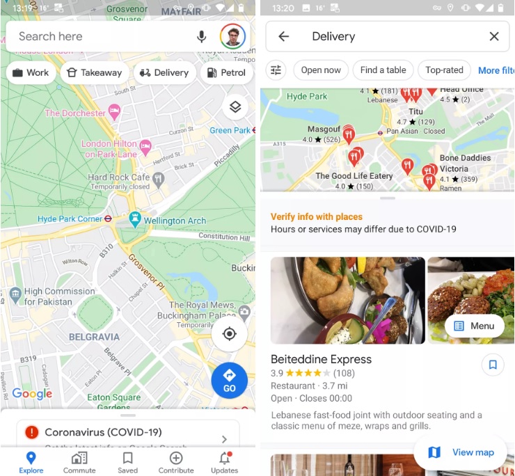 Google Maps se actualiza y añade restaurantes que ofrecen comida para