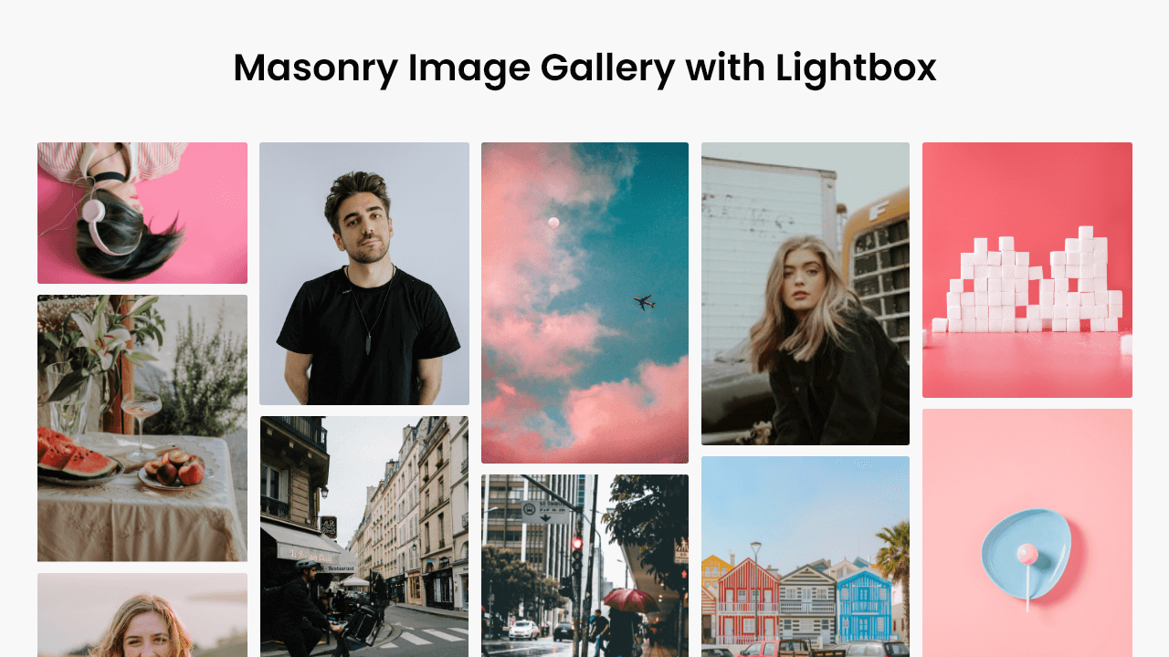 Responsive Masonry Image Gallery with Lightbox in HTML CSS & JavaScript