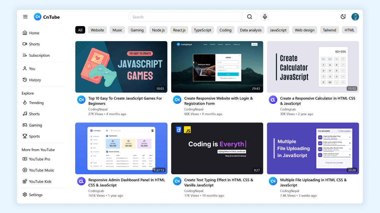 Create A YouTube Homepage Clone in ReactJS and Tailwind CSS