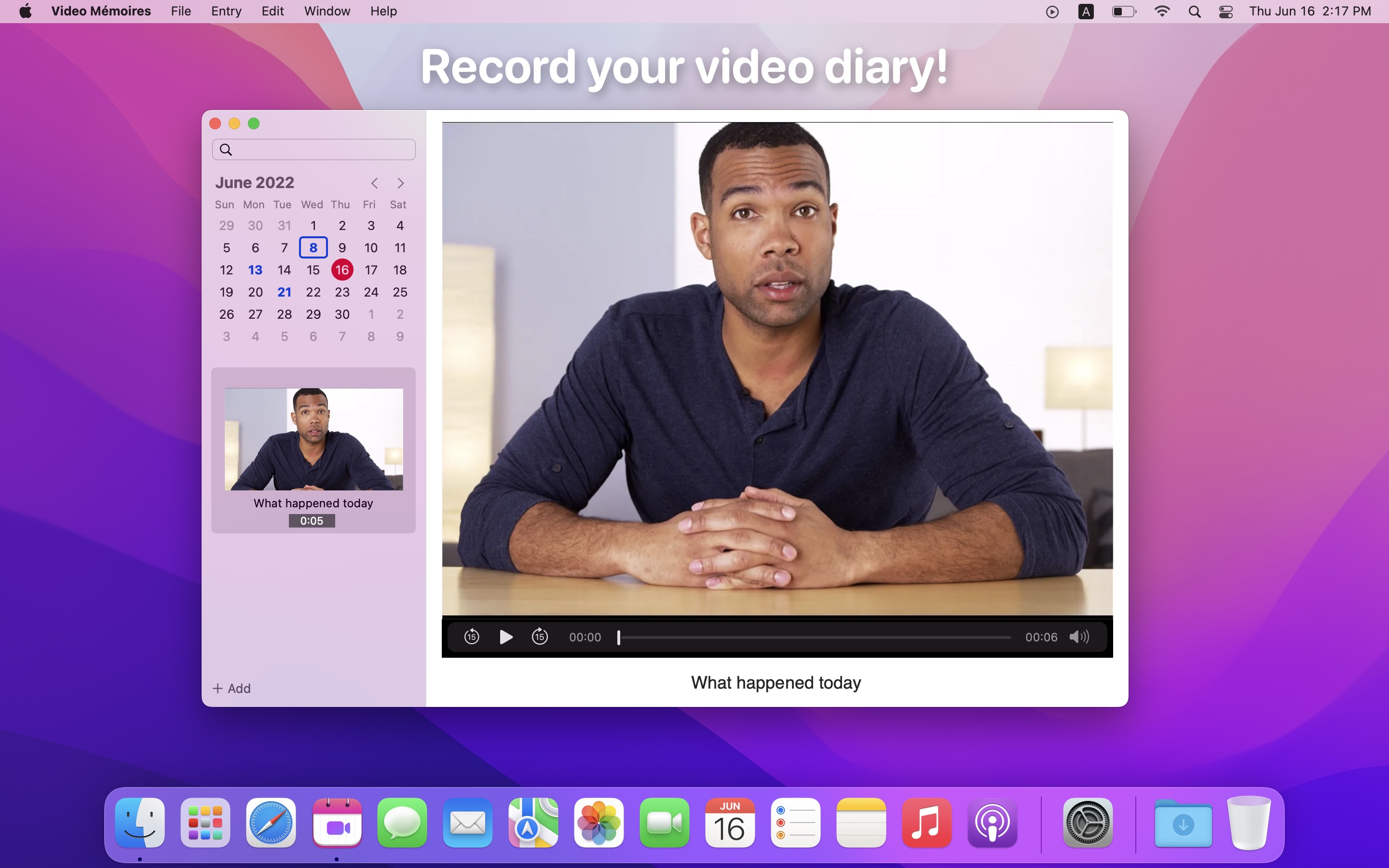 Video Mémoires video diary software for Mac